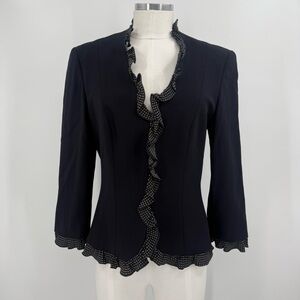 Escada Navy Blue Wool Blazer with Polka Dot Ruffle Trim Size 38 / US Small
